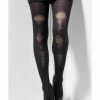 Fun Place Opaque Tights - Black With Distressed Detail Cosplay