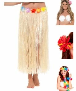 Fun Place Hawaiian Hula Skirt With Flowers, With Velcro Complete Bundle, Natural Bundles